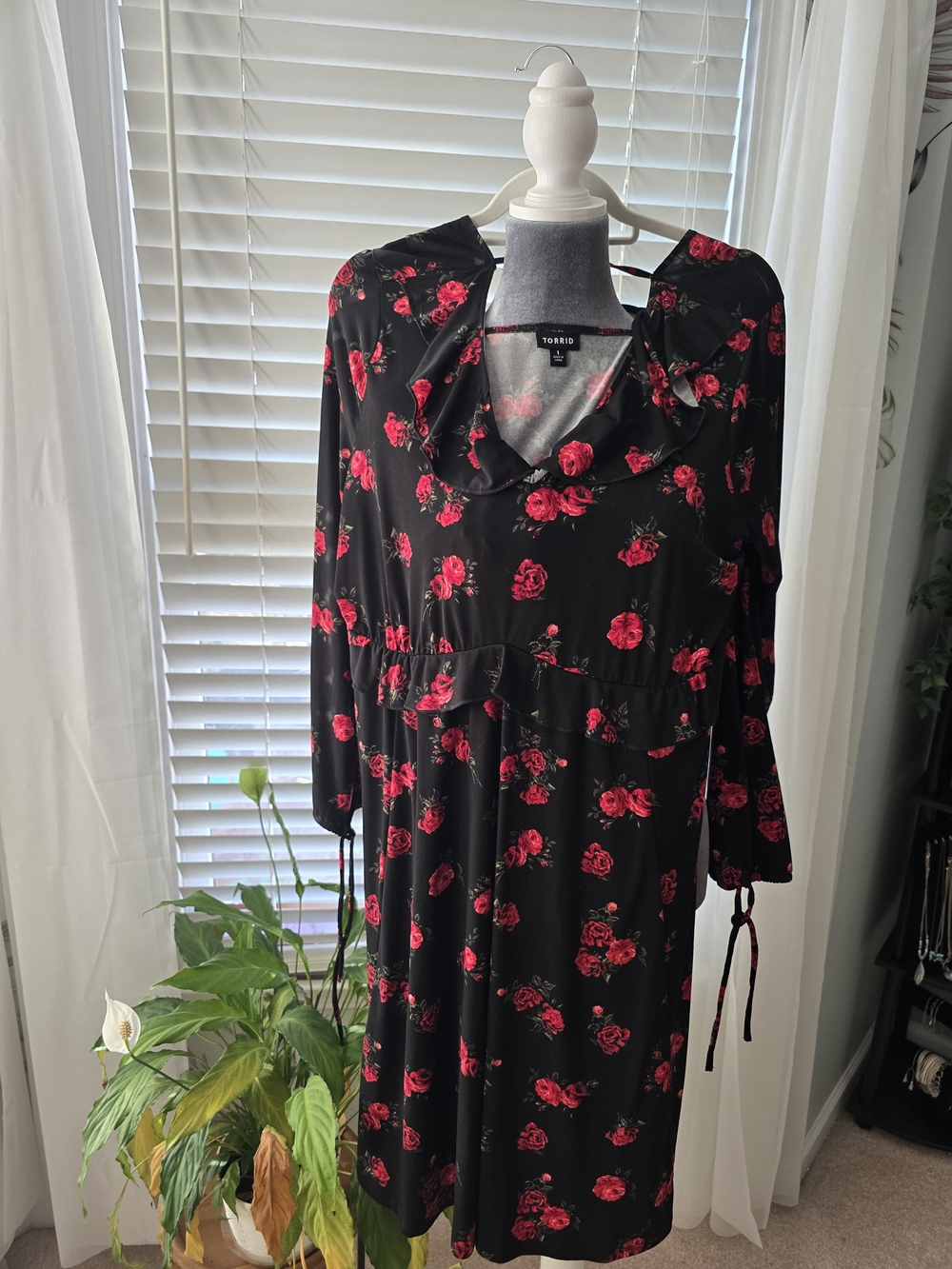 torrid Black Dress with Red Rose Pattern and Ruffle Neck